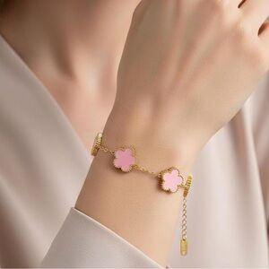 Stainless Steel Gold and Pink Clover Bracelet